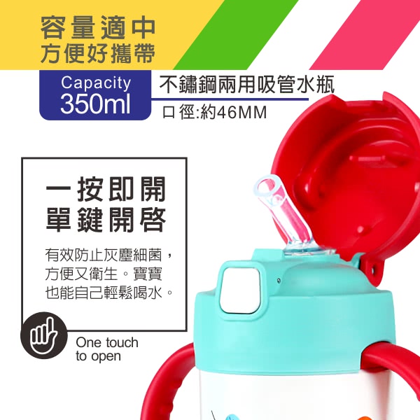 【PUKU藍色企鵝】不鏽鋼兩用吸管水瓶350ml-小熊白