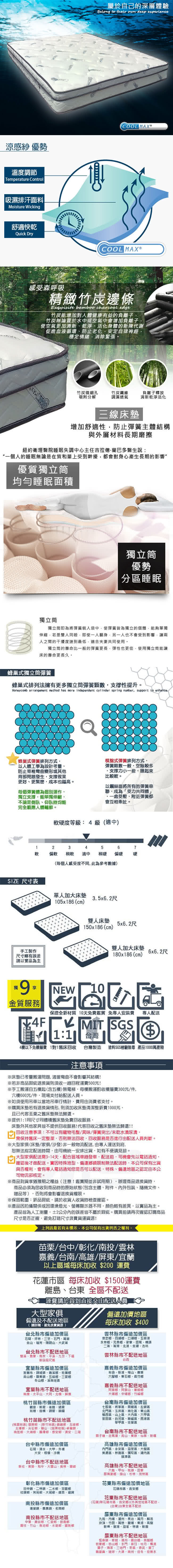 【亞珈珞】涼感紗竹炭邊條蜂巢式獨立筒床墊6X6.2尺(雙人加大)