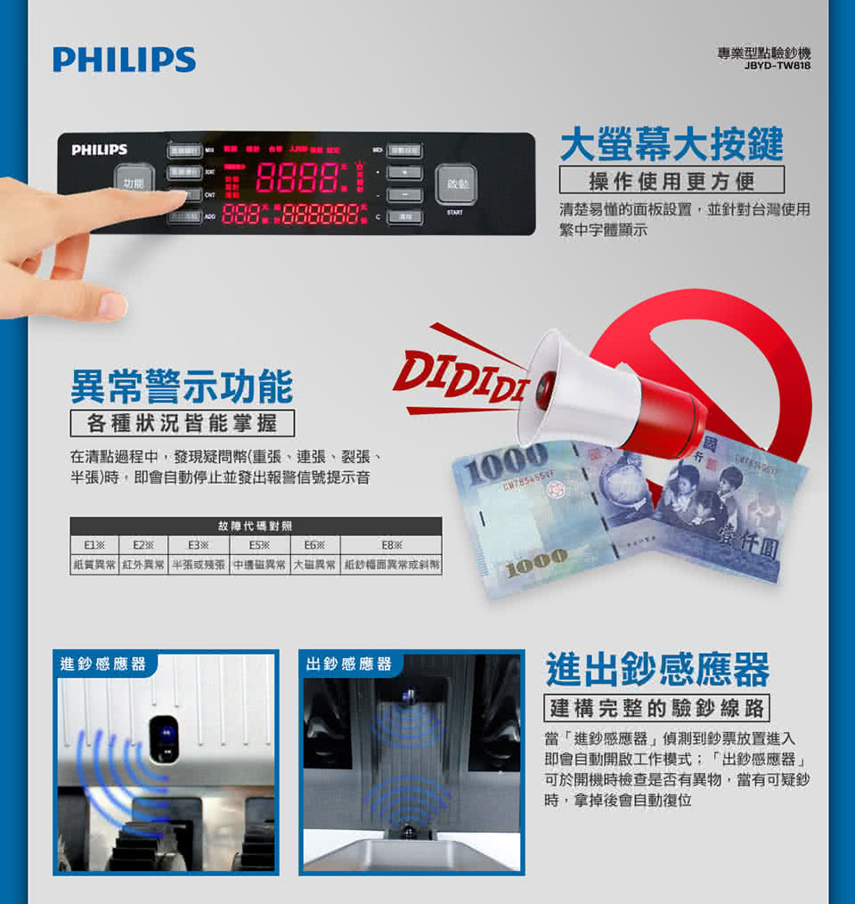 【PHILIPS飛利浦】台幣 / 人民幣 專業防偽型點驗鈔機(JBYD-TW818)