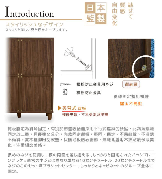 背板設定為斜角固定,有別於市售收納櫃採用平行式螺絲的缺點,此斜角螺絲