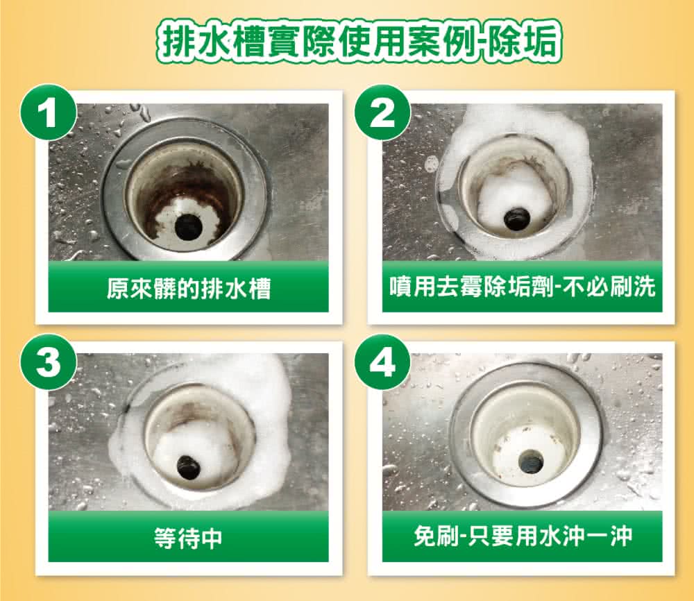 排水槽實際使用案例除垢 原來髒的排水槽 等待中 噴用去霉除垢劑不必刷洗 免刷只要用水沖一沖 