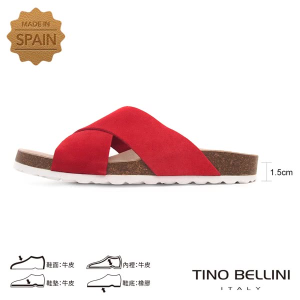 【TINO BELLINI 貝里尼】西班牙進口簡約真皮交叉平底涼拖鞋B83219(紅)