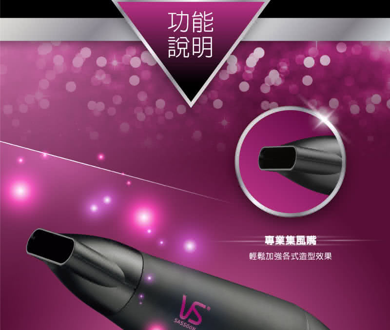 功能 說明 專業集風嘴 輕鬆加強各式造型效果 