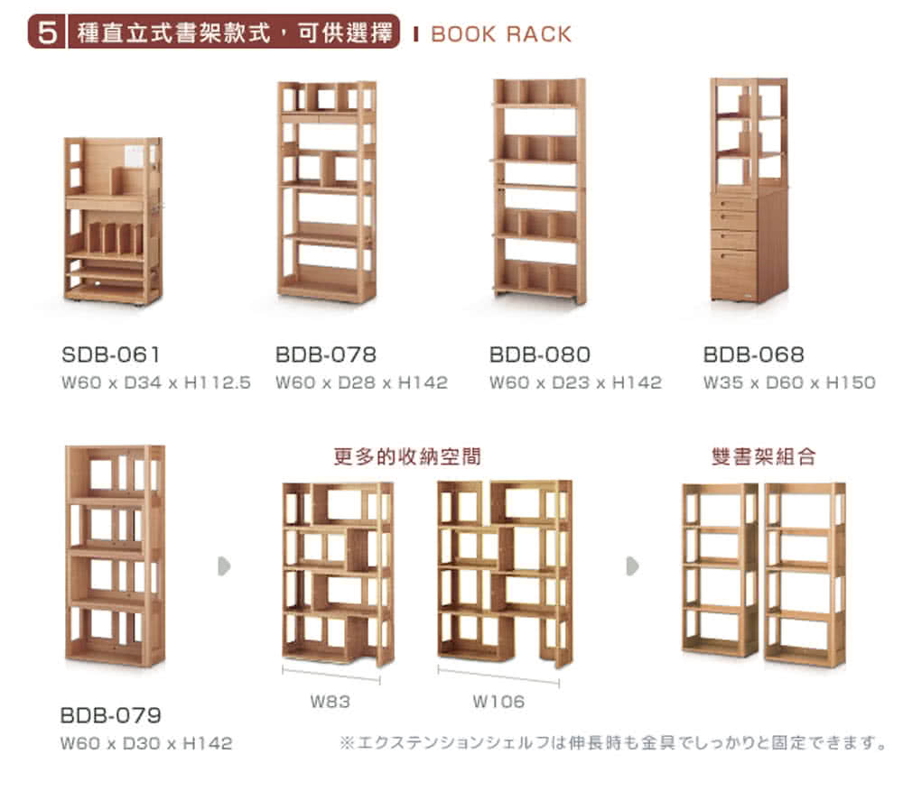 5 種直立式書架款式,可供選擇 I BOOK RACK 更多的收納空間 雙書架組合 伸長時金具固定。