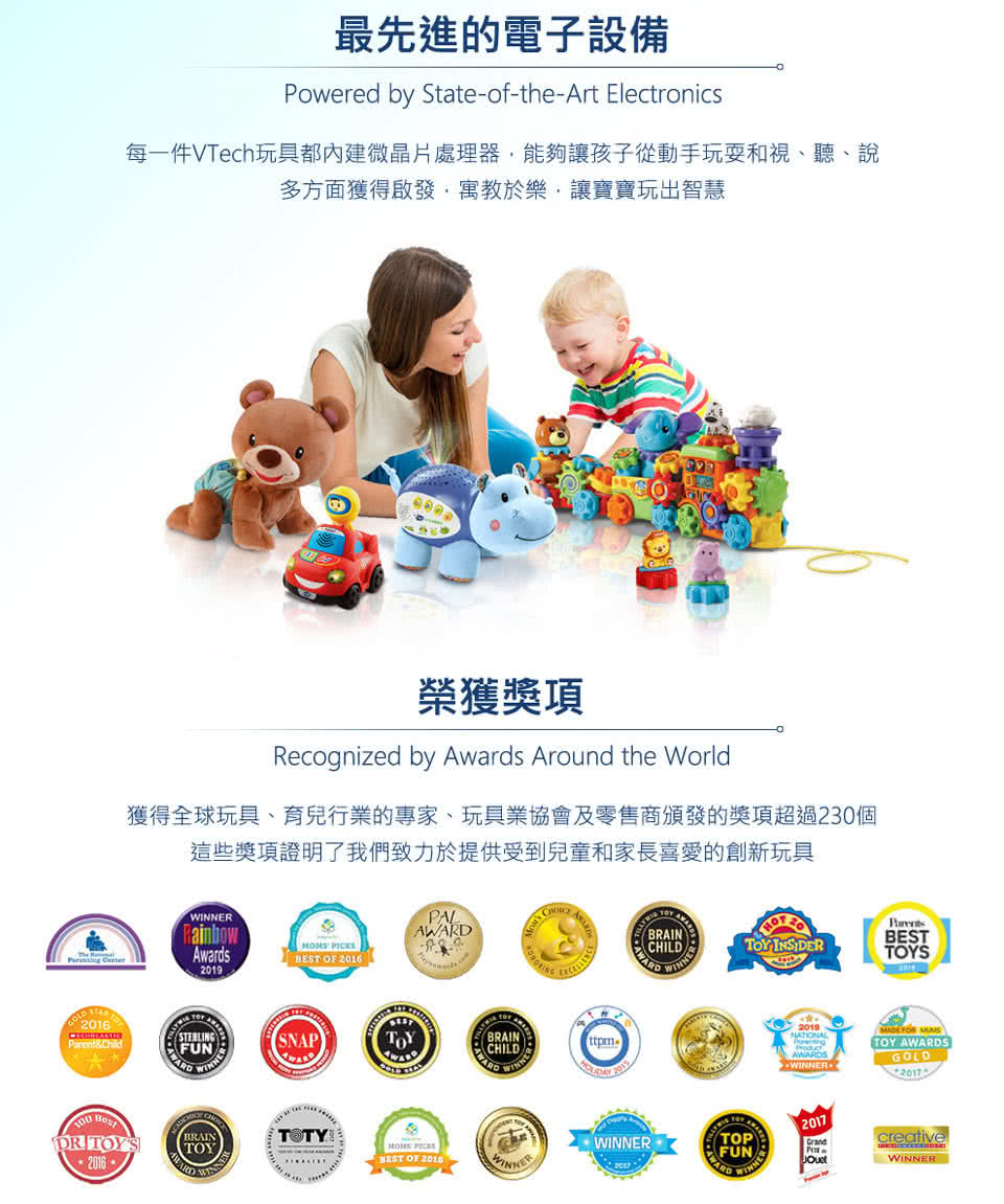 每一件VTech玩具都內建微晶片處理器,能夠讓孩子從動手玩耍和視、聽、說