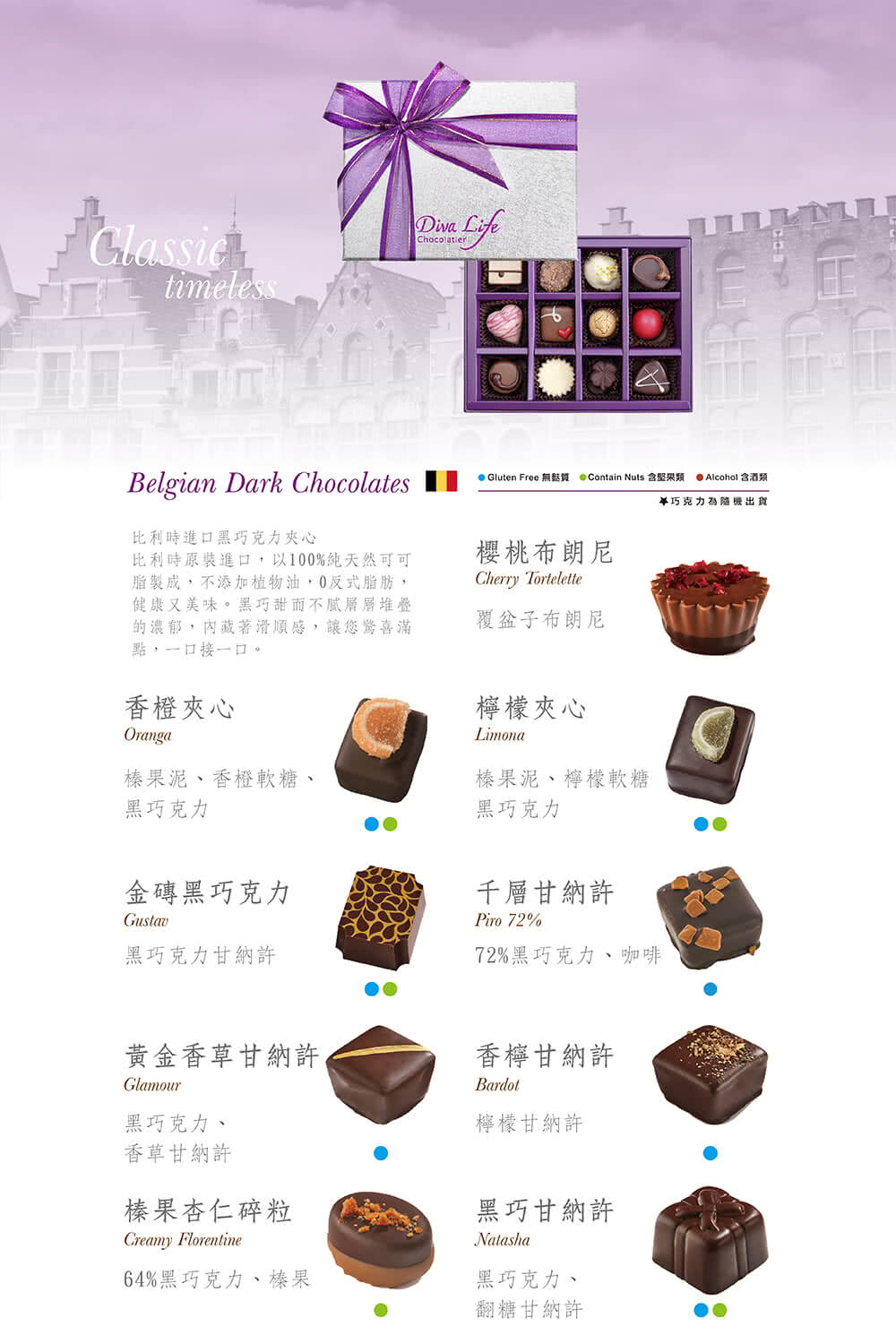 Gluten Free 無挞質 Contain Nuts 含堅果類  Alcohol 含酒類