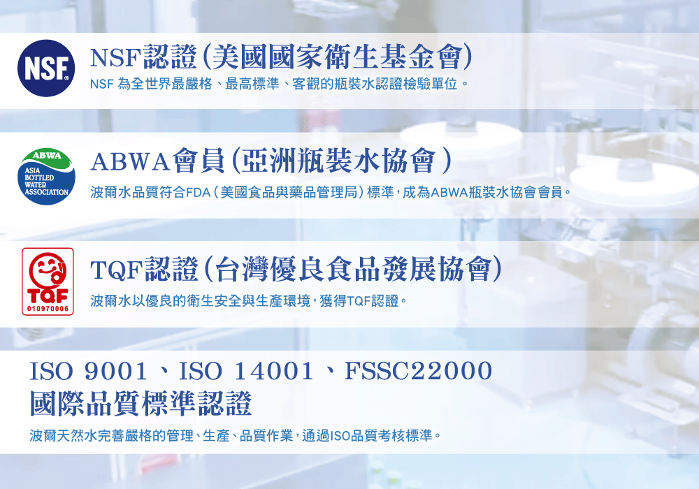 NSF認證(美國國家衛生基金會)NSENSF 為全世界最嚴格、最高標準、客觀的瓶裝水認證檢驗單位。ABWAASIABOTTLEDWATERABWA會員(亞洲瓶裝水協會)ASSOIATION波爾水品質符合FDA(美國食品與藥品管理局)標準,成為ABWA瓶裝水協會會員。C 認證(台灣優良食品發展協會)TQF010970006波爾水以優良的衛生安全與生產環境,獲得TQF認證。ISO 9001、ISO 14001、FSSC22000國際品質標準認證波爾天然水完善嚴格的管理、生產、品質作業,通過ISO品質考核標準。