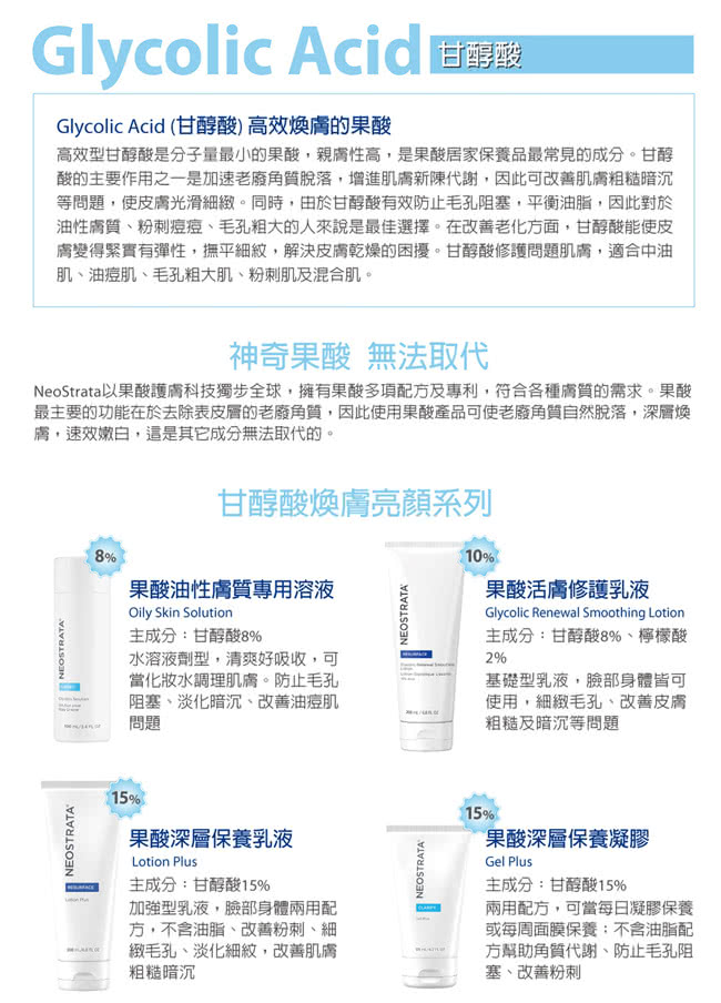 NeoStrata以果酸護膚科技獨步全球,擁有果酸多項配方及專利,符合各種膚質的需求。果酸