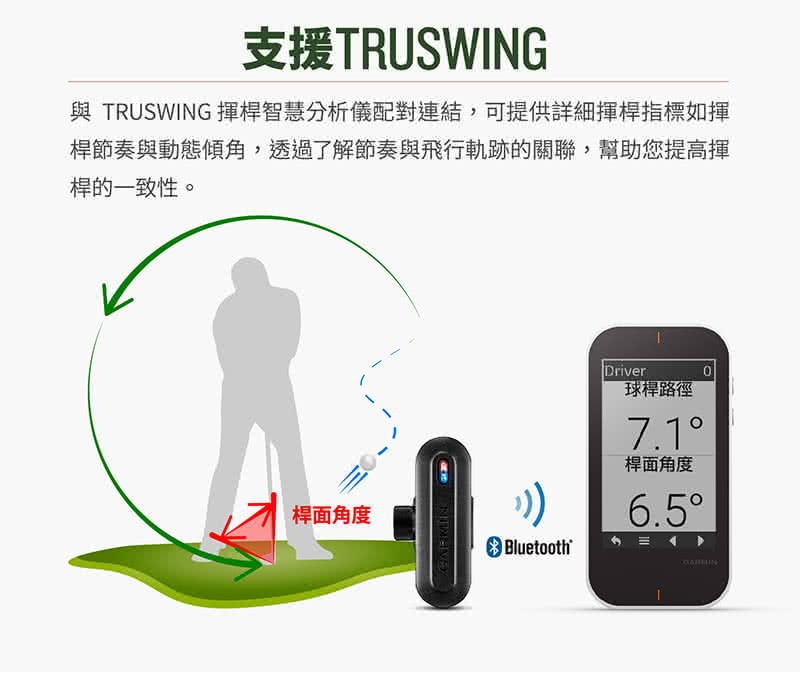 與 TRUSWING 揮桿智慧分析儀配對連結,可提供詳細揮桿指標如揮