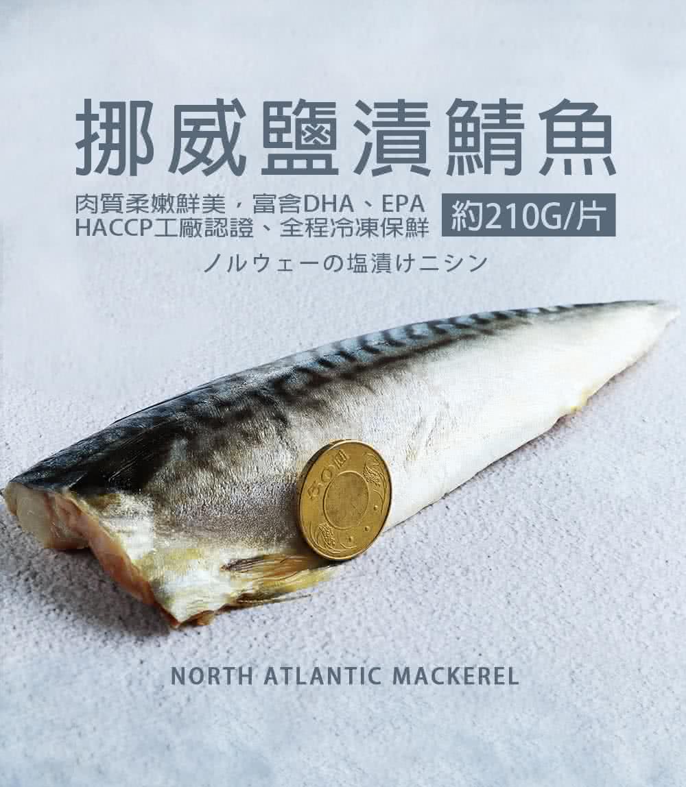 挪威鹽漬鯖魚 肉質柔嫩鮮美,富含DHA、EPA HACCP工廠認證、 全程冷凍保鮮 塩漬 約210G片 