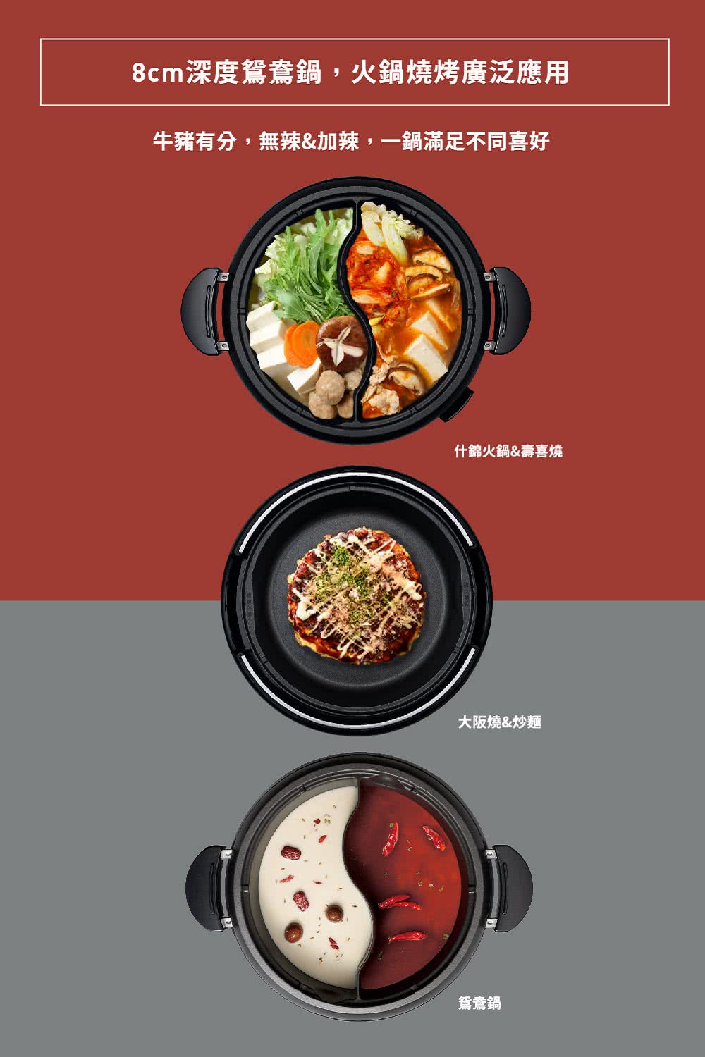 8m深度鴛鴦鍋,火鍋燒烤廣泛應用 牛豬有分,無辣加辣,一鍋滿足不同喜好 什錦火鍋壽喜燒 大阪燒炒麵 鴛鴦鍋