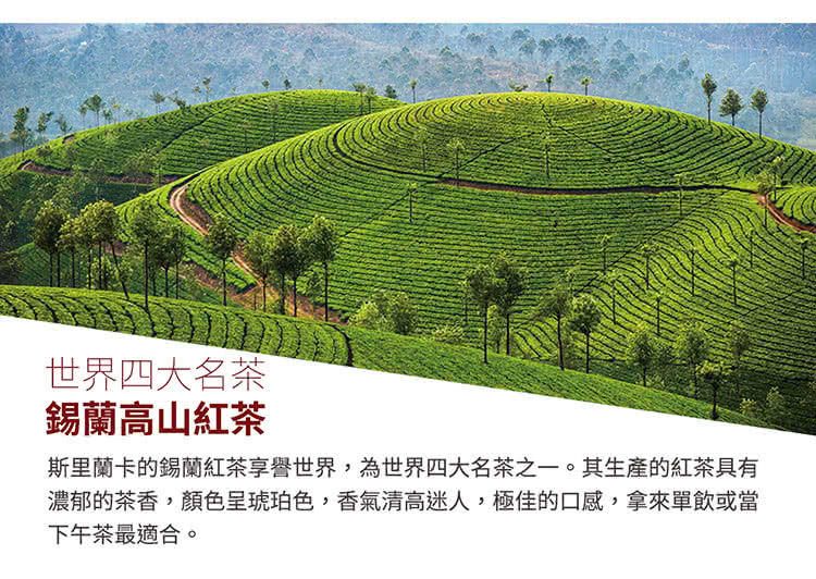 世界四大名茶 錫蘭高山紅茶 斯里蘭卡的錫蘭紅茶享譽世界,為世界四大名茶之一。其生產的紅茶具有 濃郁的茶香,顏色呈琥珀色,香氣清高迷人,極佳的口感,拿來單飲或當 下午茶最適合。 