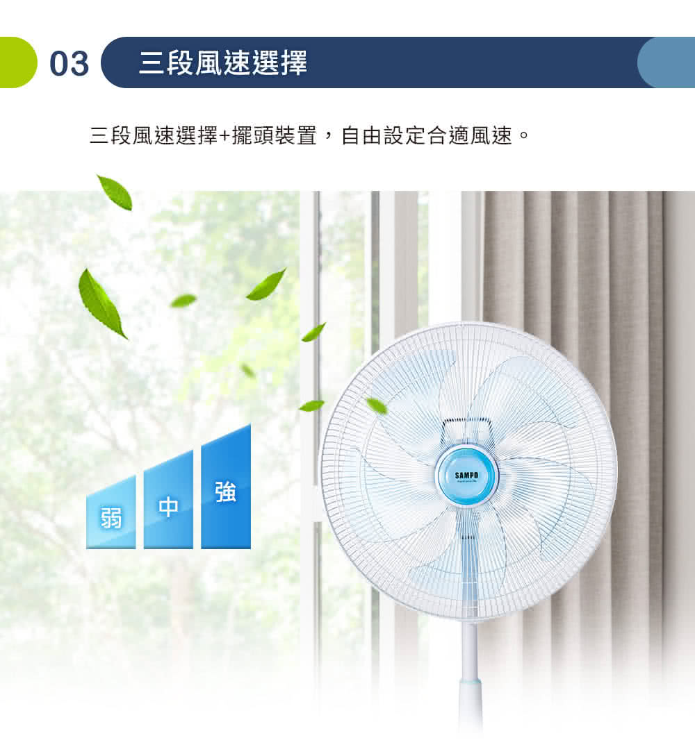03 三段風速選擇 三段風速選擇擺頭裝置,自由設定合適風速。 弱中強