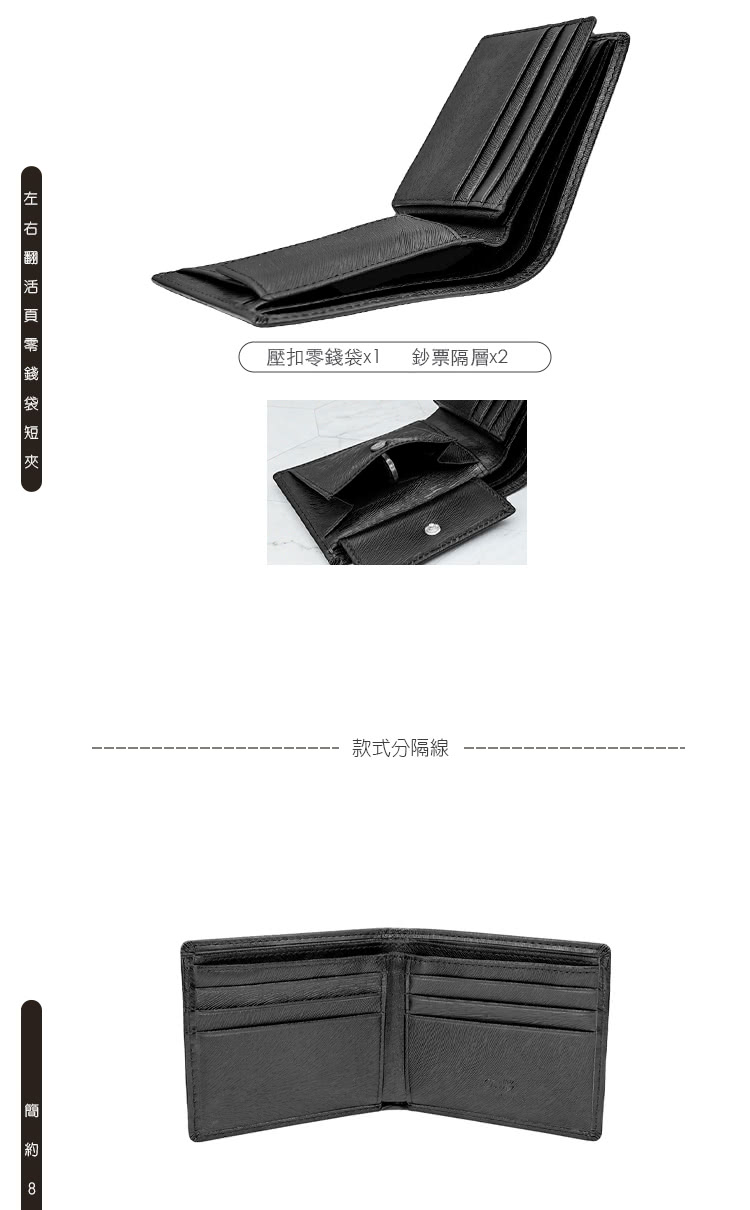 左右翻活頁零錢袋短夾 壓扣零錢袋x1 鈔票隔層x2 款式分隔線 