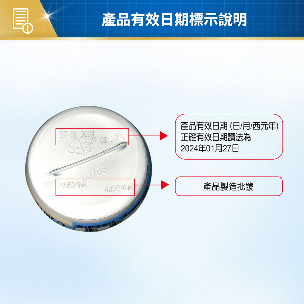 產品有效日期標示說明 產品有效日期日月西元年 正確有效日期讀法為 2024年01月27日 產品製造批號 
