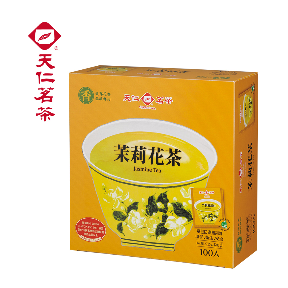 ®馥郁花香鮮甜天仁 茗茶 TEA茉莉花茶Jasmine Tea茉莉花茶通過ISO 22000HACCP ISO 9001CNS國家標準安全Since 1953單包防潮環保.衛生.安全Net Wt  oz (200 g)100茉莉花茶