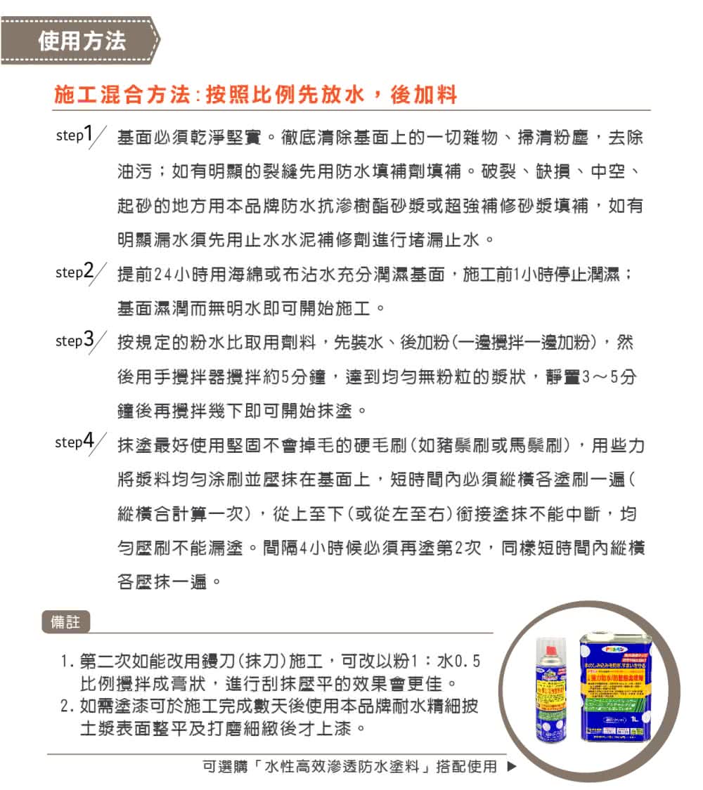 step2 提前24小時用海綿或布沾水充分潤濕基面,施工前1小時停止潤濕