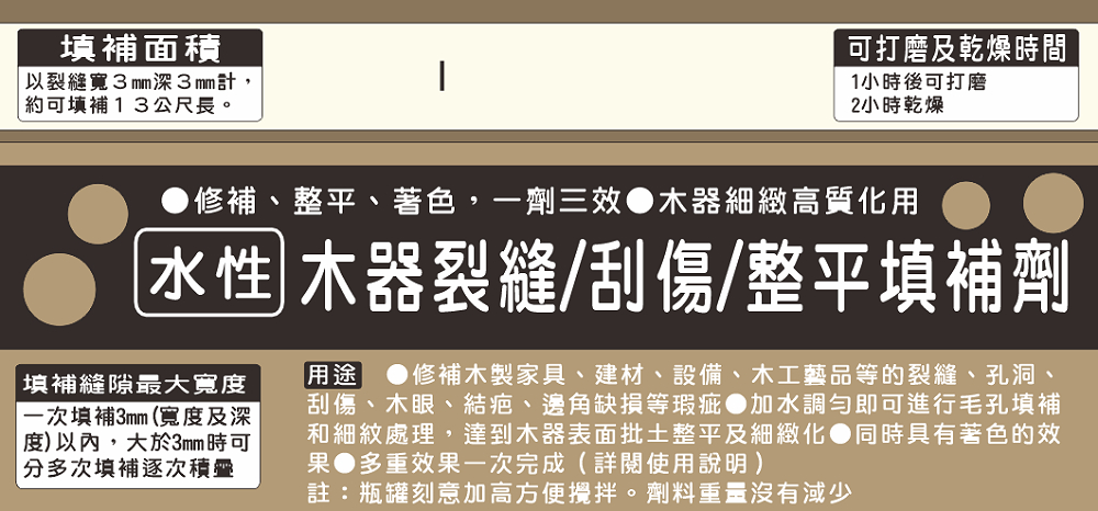 用途 修補木製家具、建材、設備、木工藝品等的裂縫、孔洞、