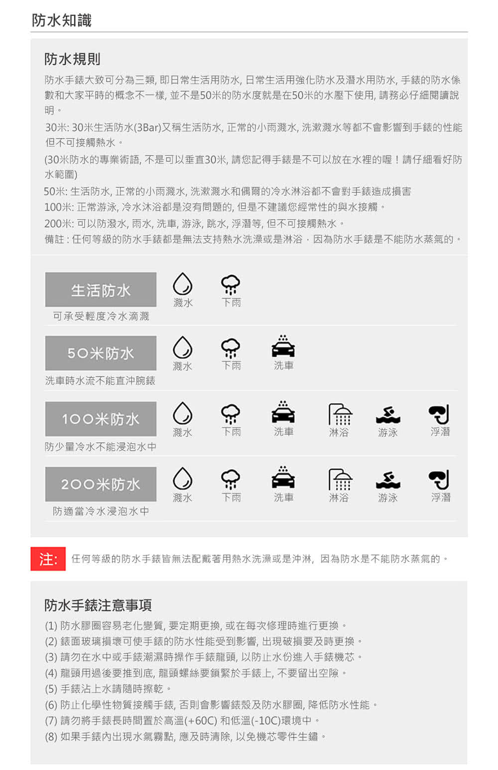 數和大家平時的概念不一樣,並不是50米的防水度就是在50米的水壓下使用,請請務必仔細閱讀說