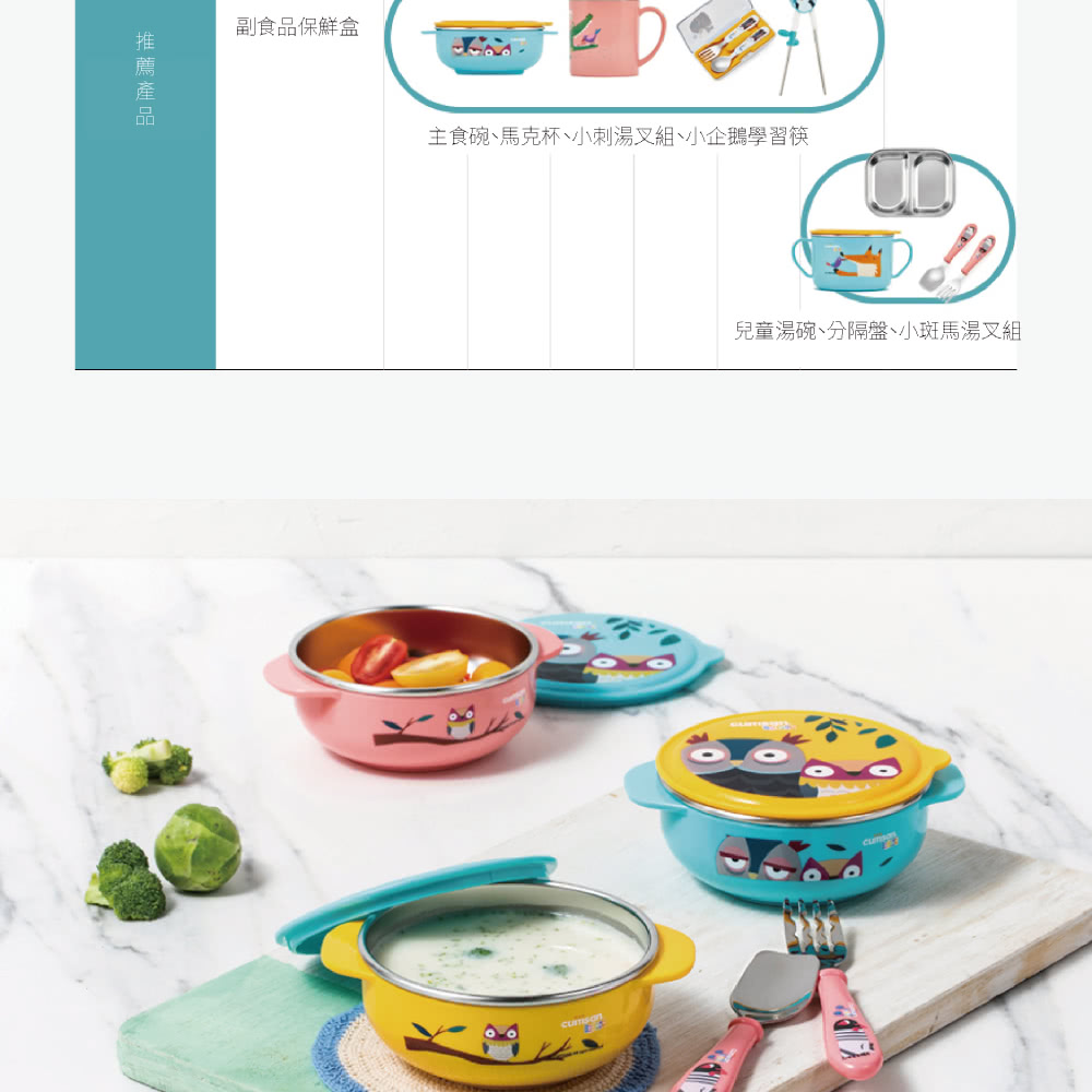 推薦產品 副食品保鮮盒 主食碗、馬克杯、小刺湯叉組、小企鵝學習筷 兒童湯碗、分隔盤、小斑馬湯叉組 