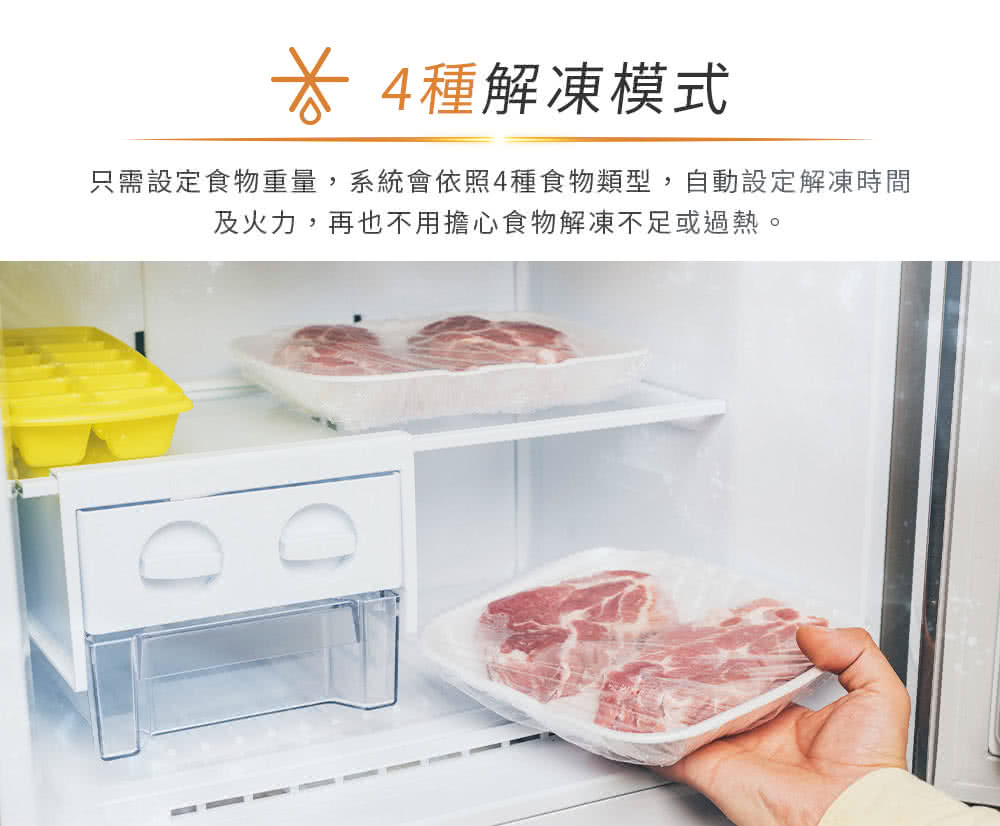 4種解凍模式 只需設定食物重量,系統會依照4種食物類型,自動設定解凍時間 及火力,再也不用擔心食物解凍不足或過熱。 