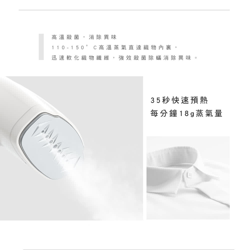 高溫殺菌,消除異味 110150C高溫蒸氣直達織物內裏, 迅速軟化織物纖維,強效殺菌除蟎消除異味。 35秒快速預熱 每分鐘18g蒸氣量