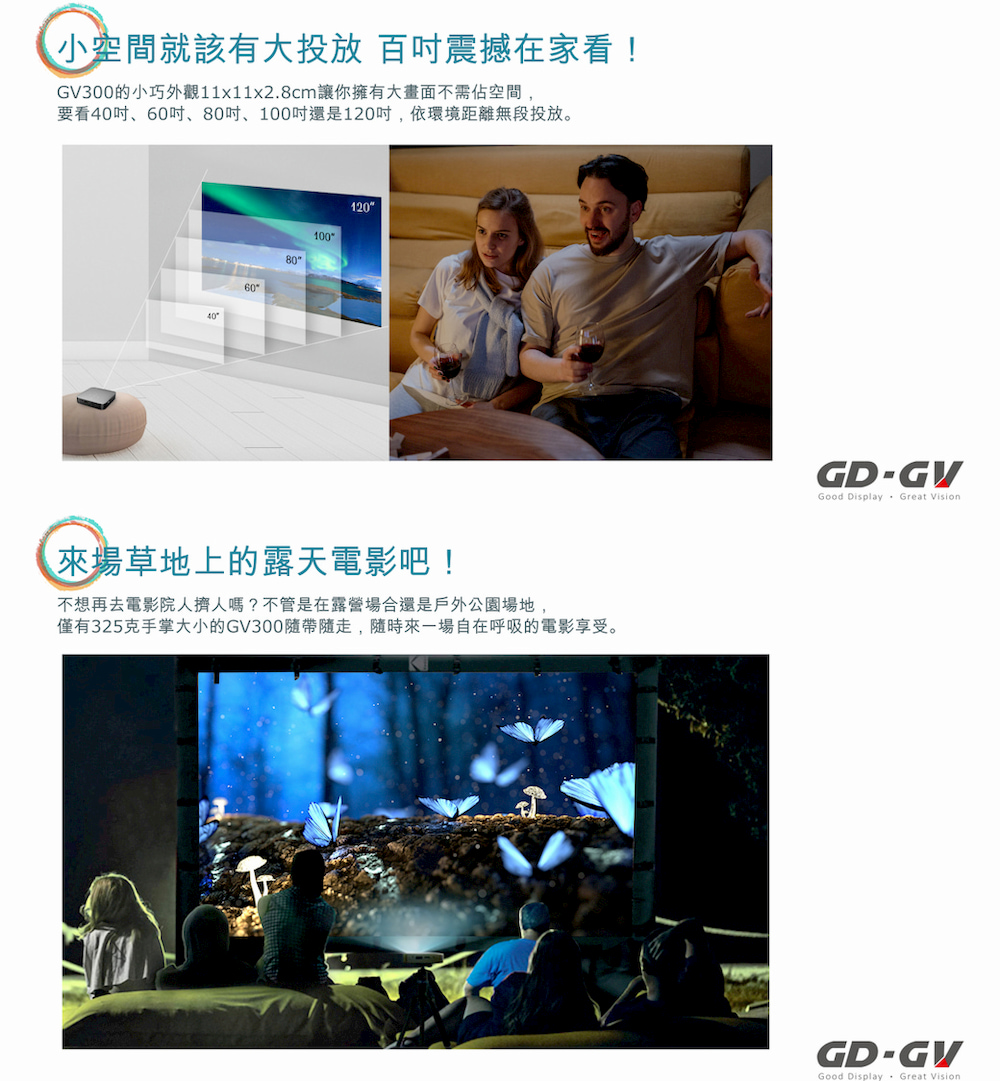 僅有325克手掌大小的GV300隨帶隨走,隨時來一場自在呼吸的電影享受。