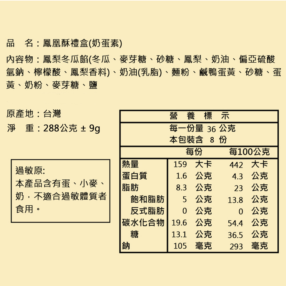 氫鈉、檸檬酸、鳳梨香料、奶油乳脂、麵粉、鹹鴨蛋黃、 砂糖、蛋