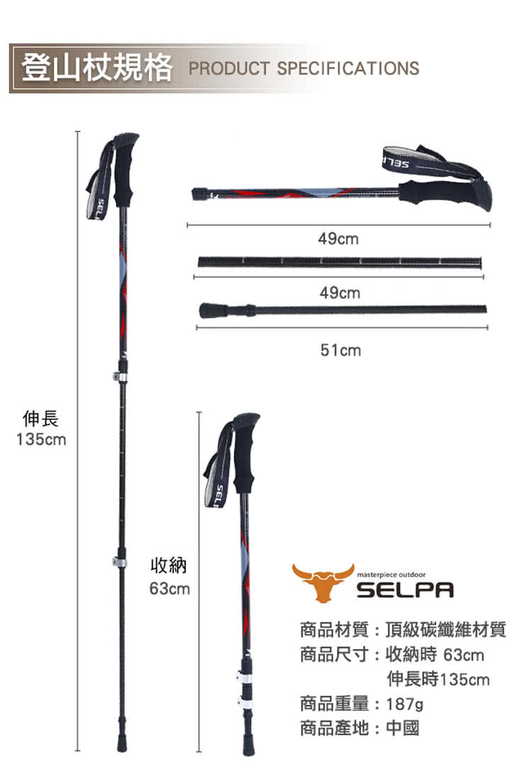 登山杖規格 PRODUCT SPECIFICATIONS