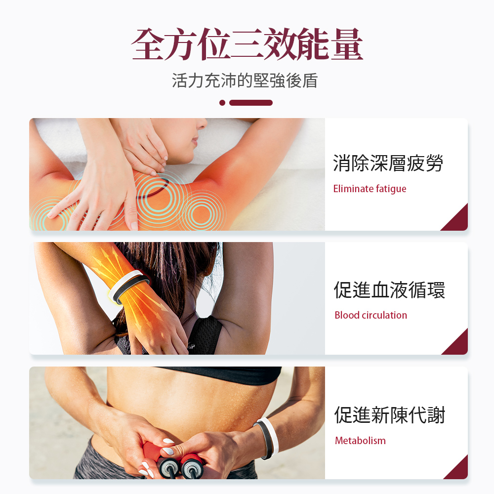 全方位三效能量 活力充沛的堅強後盾 消除深層疲勞 促進血液循環 促進新陳代謝