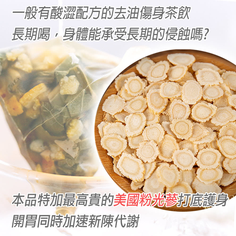 一般有酸澀配方的去油傷身茶飲 長期喝,身體能承受長期的侵蝕嗎 本品特加最高貴的美國粉光參打底護身 開胃同時加速新陳代謝 