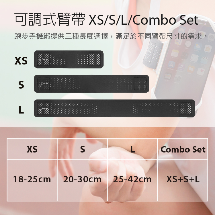 可調式臂帶XSSLCombo Set 跑步手機綁提供三種長度選擇,滿足於不同臂帶尺寸的需求。 