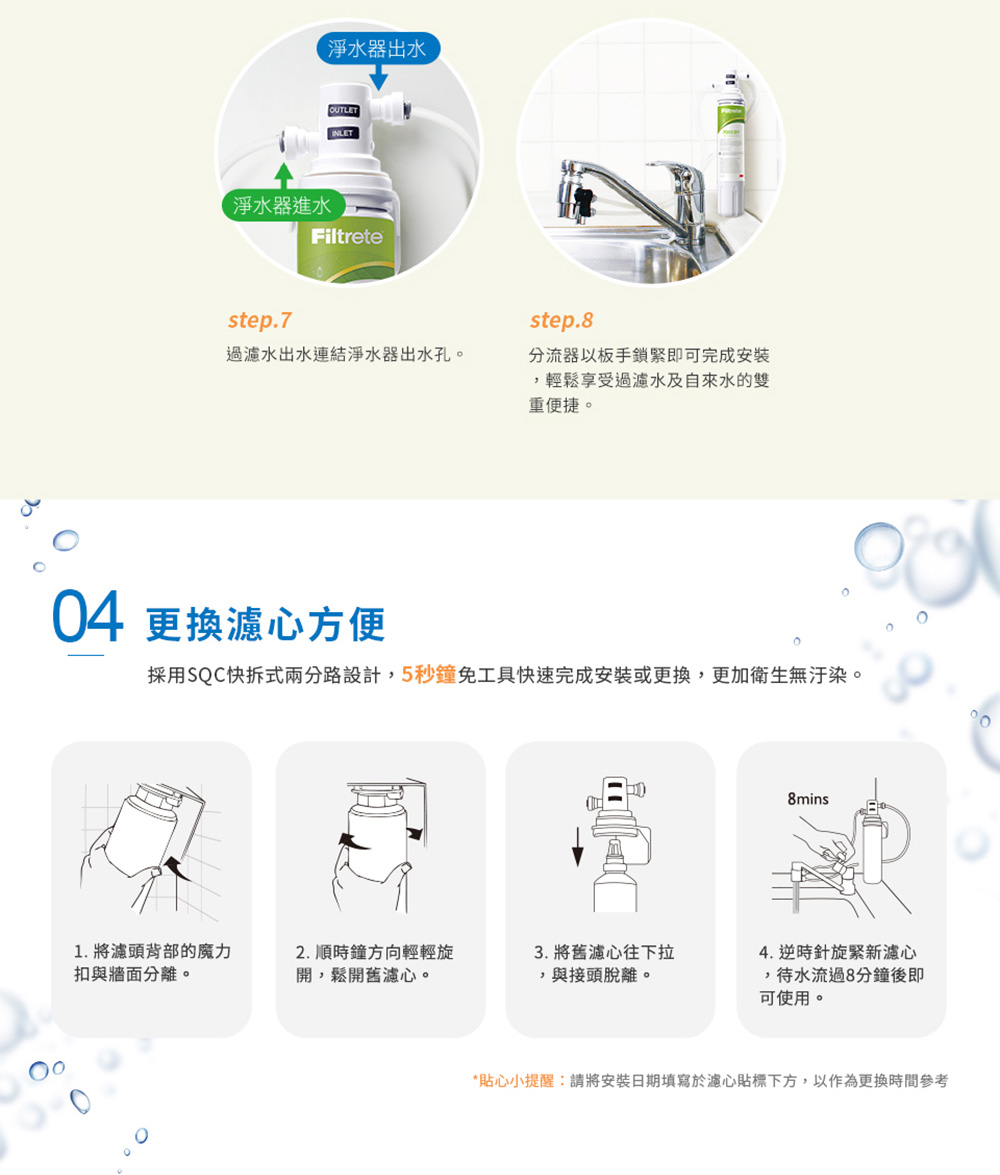 採用SQC快拆式兩分路設計,5秒鐘免工具快速完成安裝或更換,更加衛生無汙染。