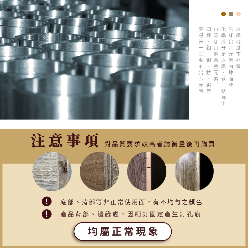 再化添以添學加加成合為其 金基他是元本材要鐵是如鎳鉬銅碳而、成質注意事項對品質要求較高者請衡量後再購買 底部、背部等非正常使用面,有不均勻之顏色!產品背部、邊緣處,因細釘固定產生釘孔痕均屬正常現象