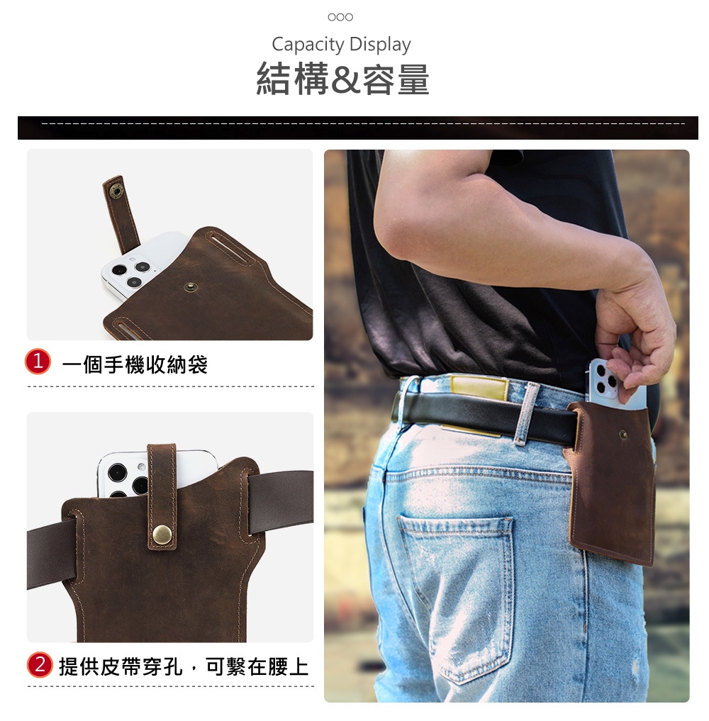 結構容量 1一個手機收納袋 提供皮帶穿孔,可繫在腰上 