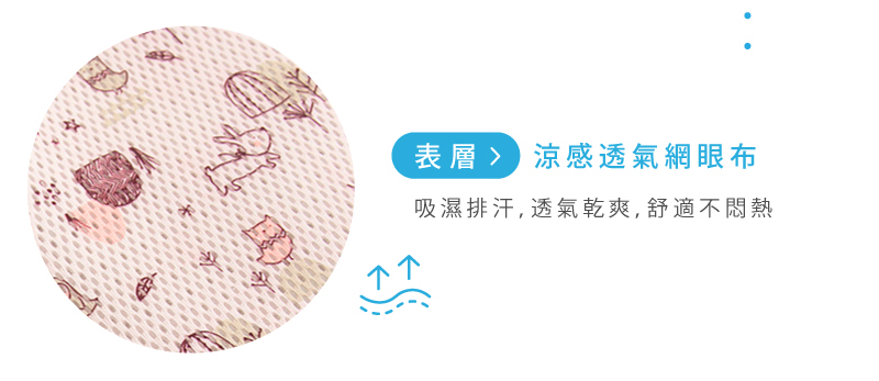 表層 涼感透氣網眼布 吸濕排汗,透氣乾爽,舒適不悶熱 