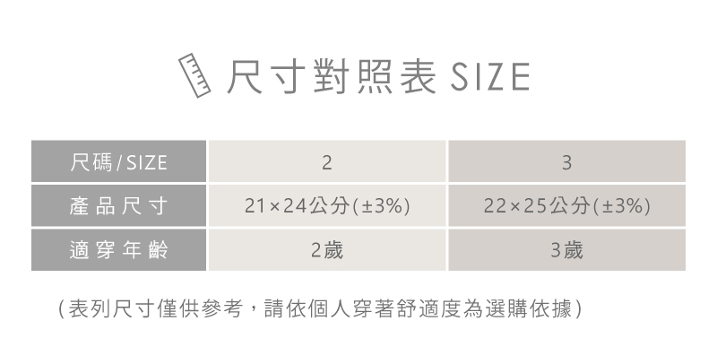 表列尺寸僅供參考,請依個人穿著舒適度為選購依據