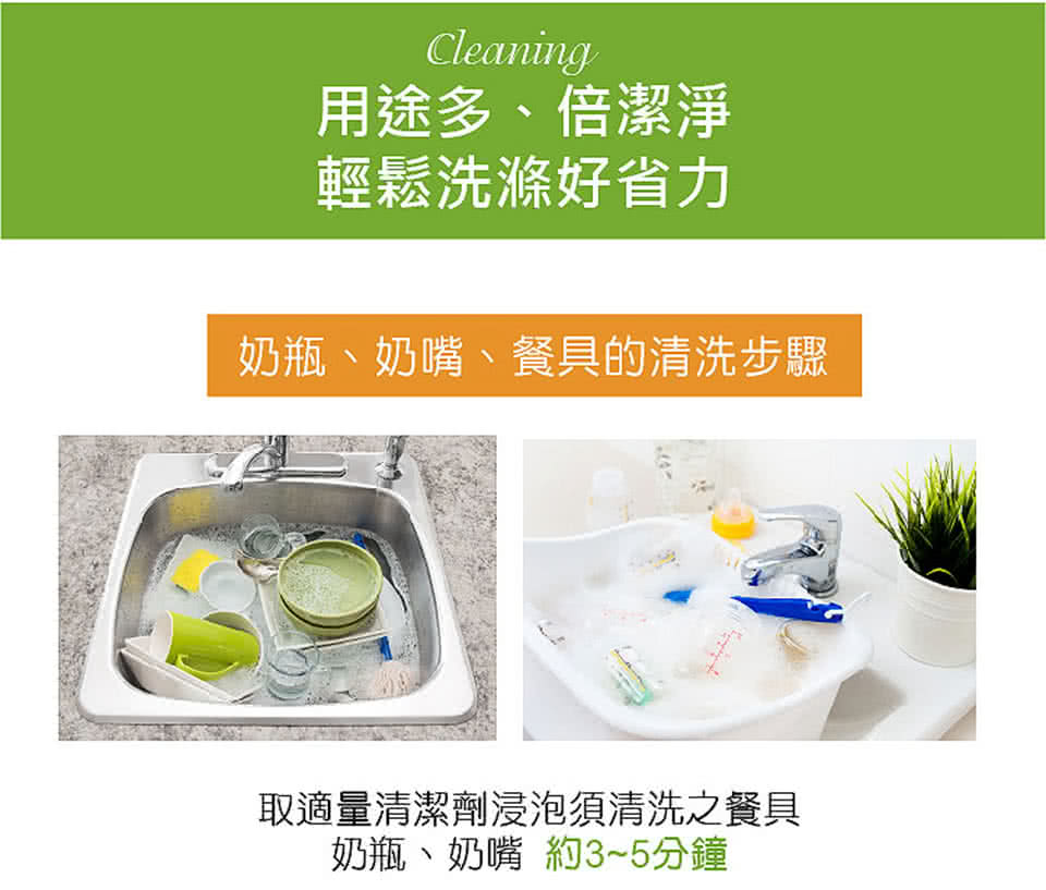 用途多、倍潔淨 輕鬆洗滌好省力 奶瓶、奶嘴、餐具的清洗步驟 取適量清潔劑浸泡須清洗之餐具 奶瓶、奶嘴 約35分鐘 