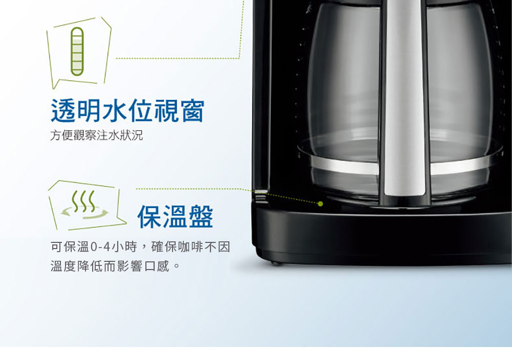 透明水位視窗 方便觀察注水狀況 保溫盤 可保溫04小時,確保咖啡不因 溫度降低而影響口感。