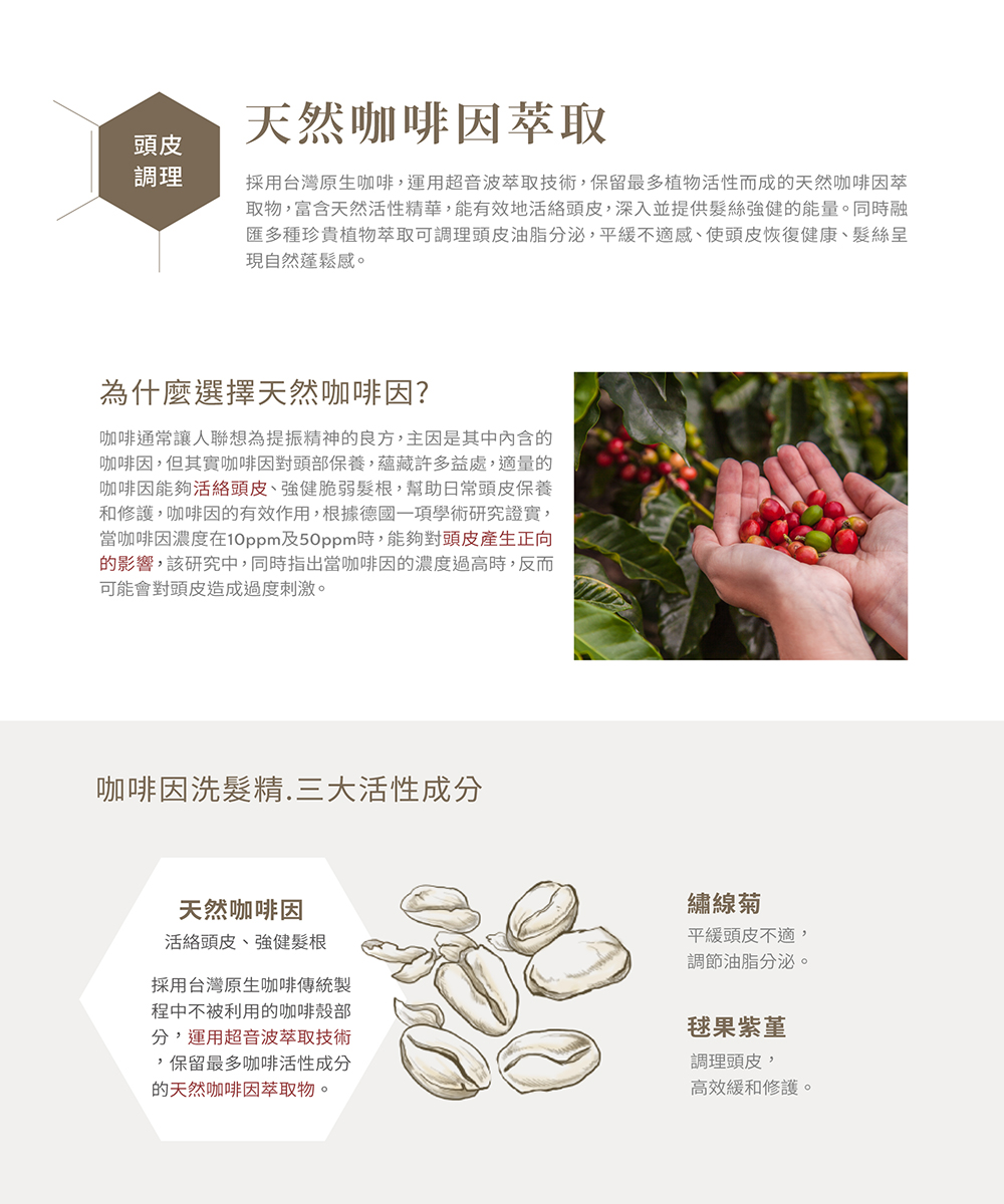 取物,富含天然活性精華,能有效地活絡頭皮,深入並提供髮絲強健的能量。同時融