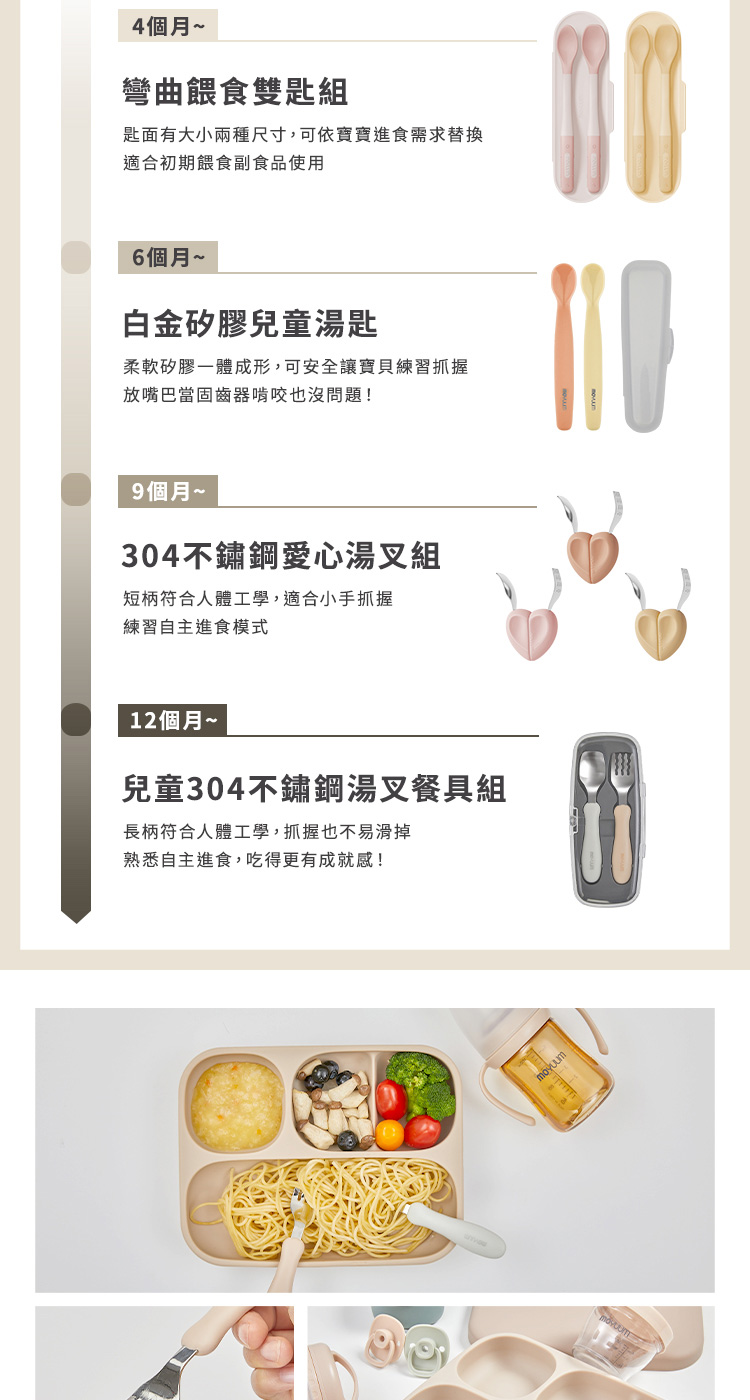 匙面有大小兩種尺寸,可依寶寶進食需求替換