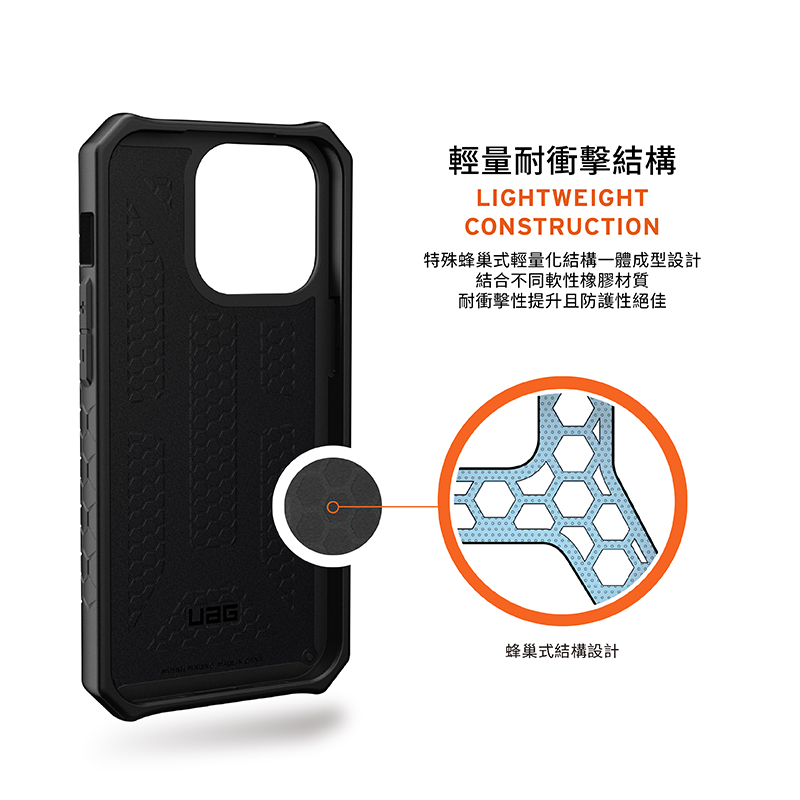 輕量耐衝擊結構 特殊蜂巢式輕量化結構一體成型設計 結合不同軟性橡膠材質 耐衝擊性提升且防護性絕佳 蜂巢式結構設計 