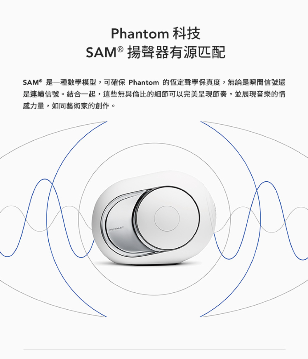 SAM 揚聲器有源匹配 SAM是一種數學模型,可確保 Phantom 的恆定聲學保真度,無論是瞬間信號還 是連續信號。結合一起,這些無與倫比的細節可以完美呈現節奏,並展現音樂的情 感力量,如同藝術家的創作。 