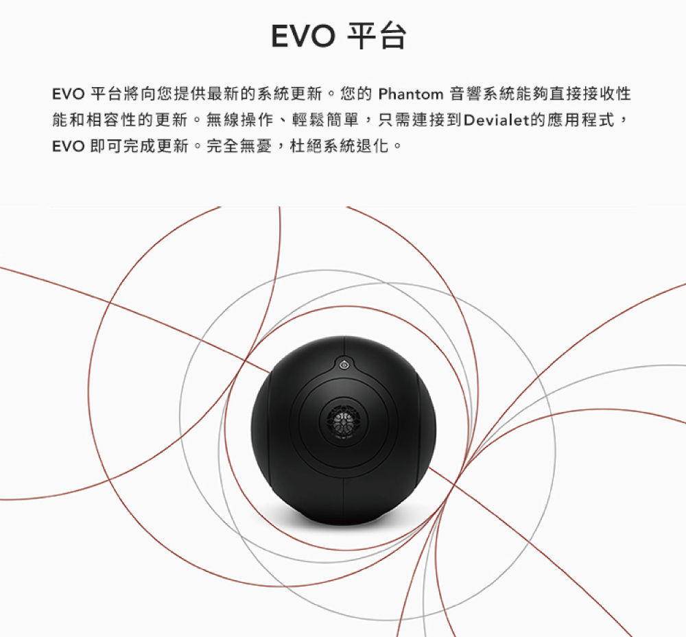 EVO 平台 EVO 平台將向您提供最新的系統更新。您的 Phantom 音響系統能夠直接接收性 能和相容性的更新。無線操作、輕鬆簡單,只需連接到Devialet的應用程式, EVO 即可完成更新。完全無憂,杜絕系統退化。 