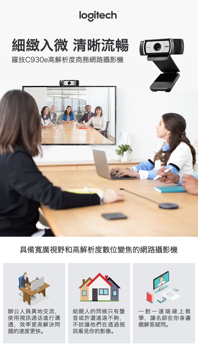 Logitech 羅技☆送無線鍵鼠組+卡巴斯基防毒」C930e 網路視訊攝影機