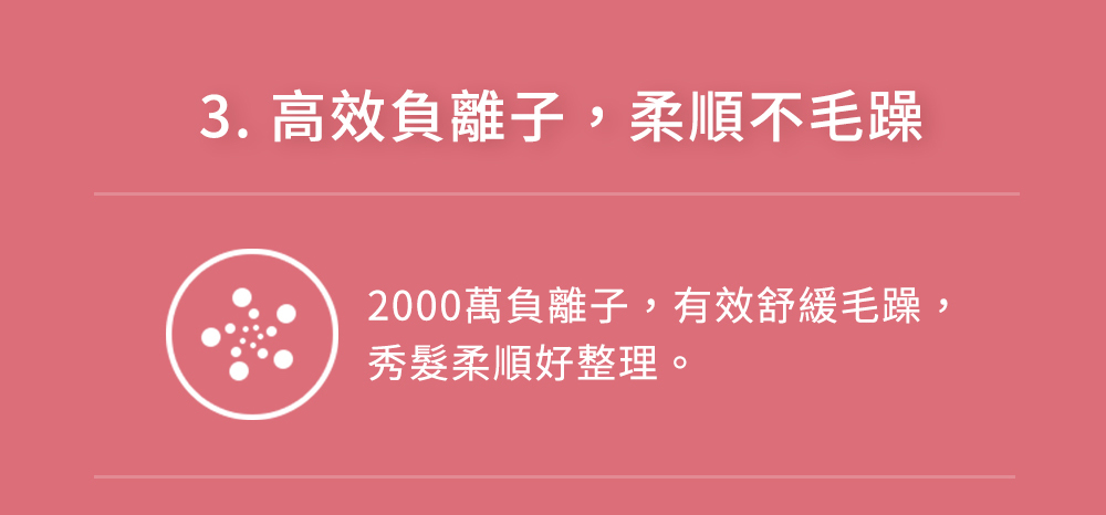 3. 高效負離子,柔順不毛躁 2000萬負離子,有效舒緩毛躁, 秀髮柔順好整理。 