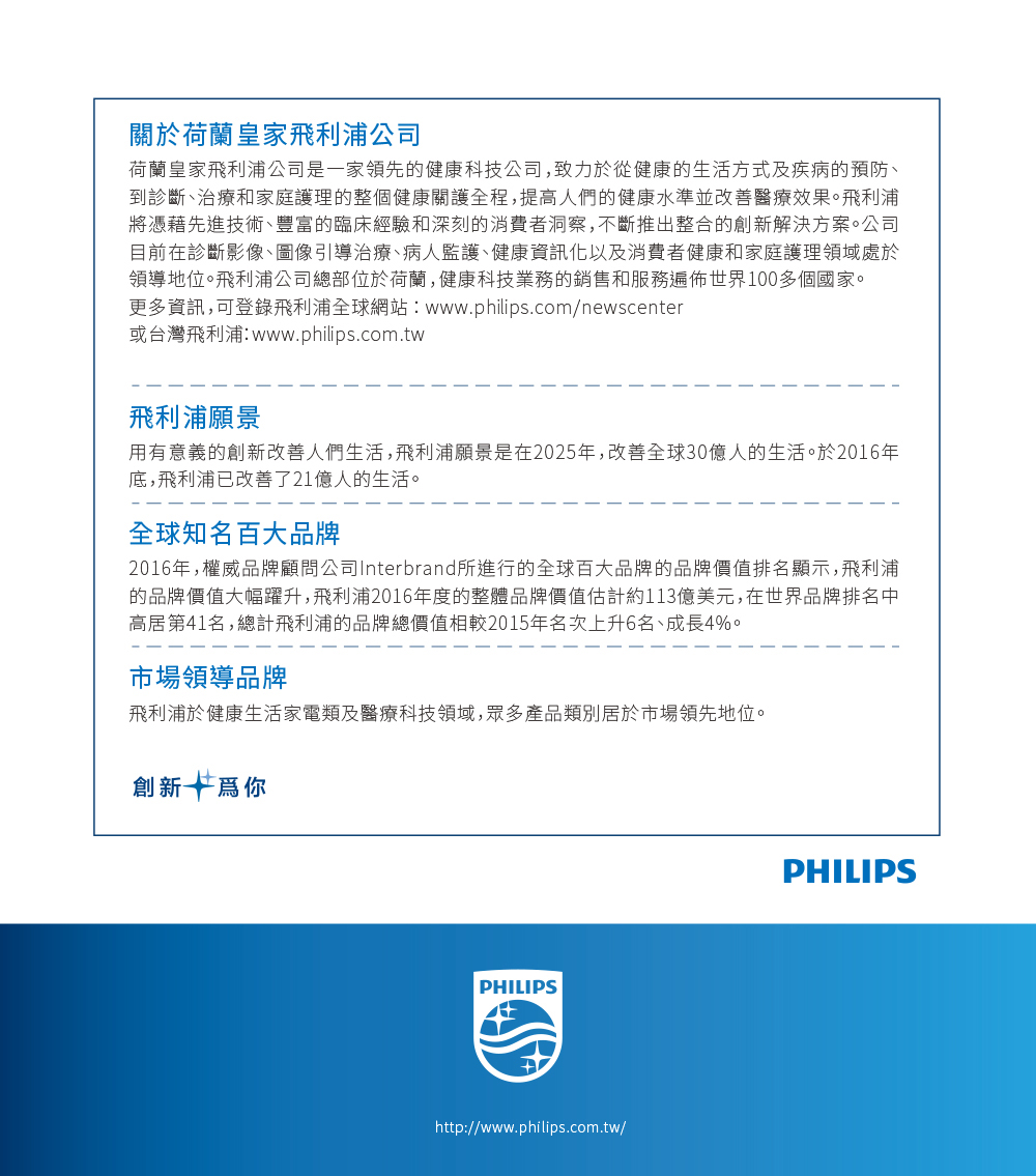 2016年,權威品牌顧問公司Interbrand所進行的全球百大品牌的品牌價值排名顯示,飛利浦