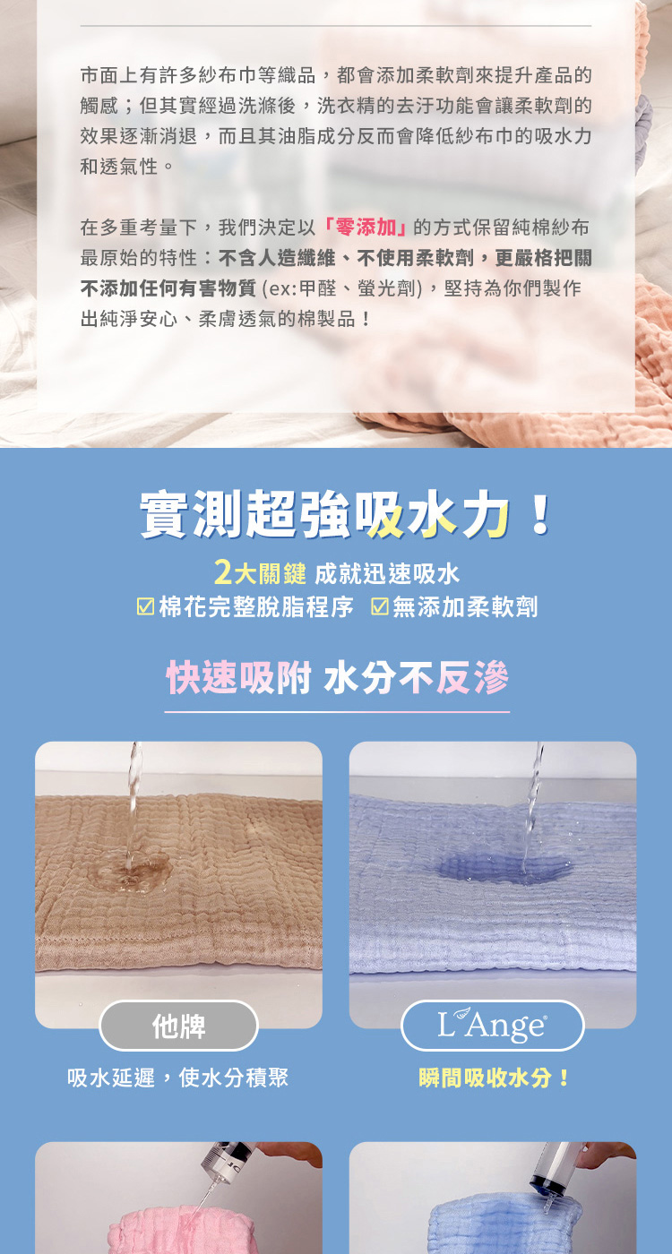 市面上有許多紗布巾等織品,都會添加柔軟劑來提升產品的