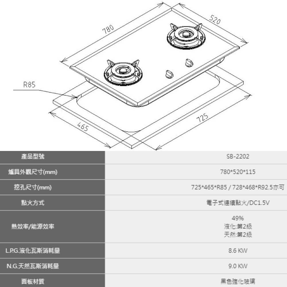 R85產品型號外觀尺寸(mm)挖孔尺寸(mm)點火方式熱效率/能源效率465780725520SB-2202780520115725*465*R85/728*468*R92.5亦可電子式連續點火/DC1.5V49液化第2天然:第2級8.6 LPG.液化瓦斯消耗量N.G.天然瓦斯消耗量面板材質9.0 KW黑色強化玻璃