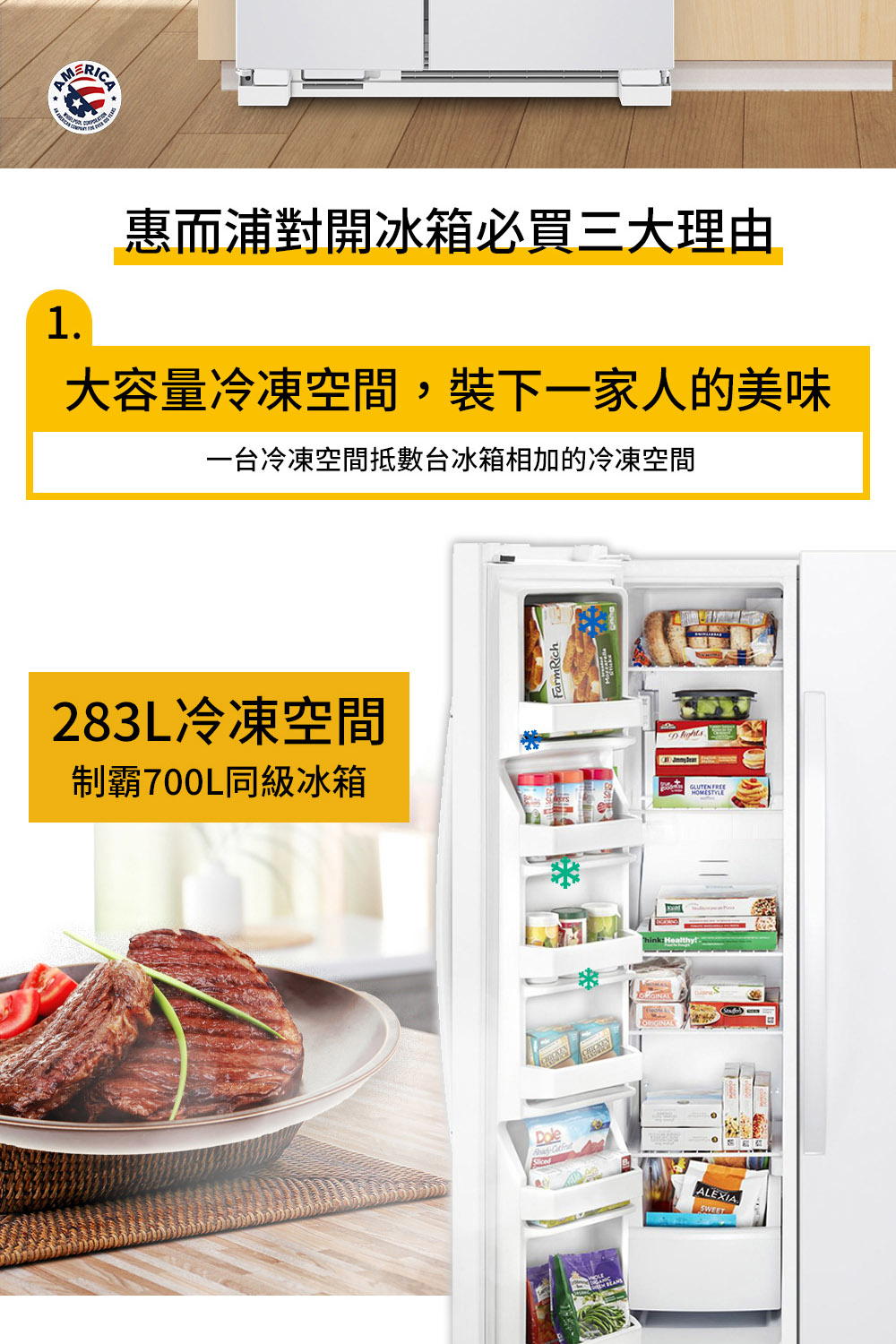 惠而浦對開冰箱必買三大理由 大容量冷凍空間,裝下一家人的美味 一台冷凍空間抵數台冰箱相加的冷凍空間 283L冷凍空間 制霸700L同級冰箱 